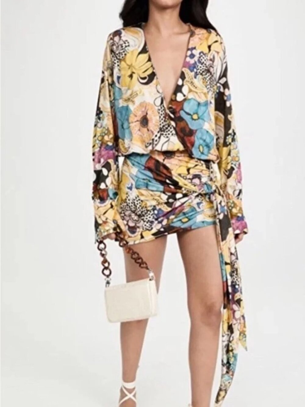 Alexis Monica Mini Dress Floral Grove Stretch Long Sleeve V Neck Colorful Small